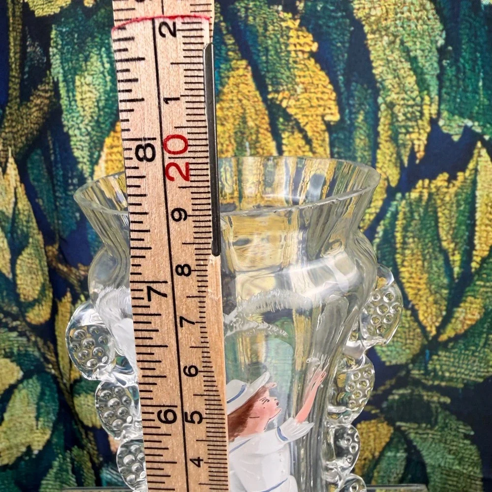 Antique Mary Gregory Style Clear Glass Vase Hand Painted Enamel Girl Rigaree‎ 8